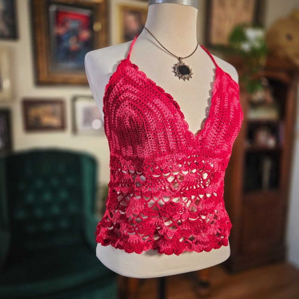 Halter Top Hand Crocheted Red Boho Festival Vintage Style Lace Up Back Small